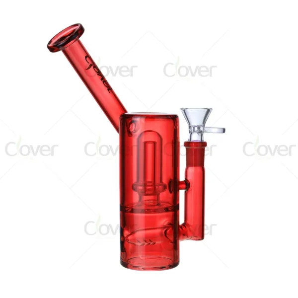 Vibrant red glass water pipe with angled mouthpiece, internal percolator, and clear bowl.