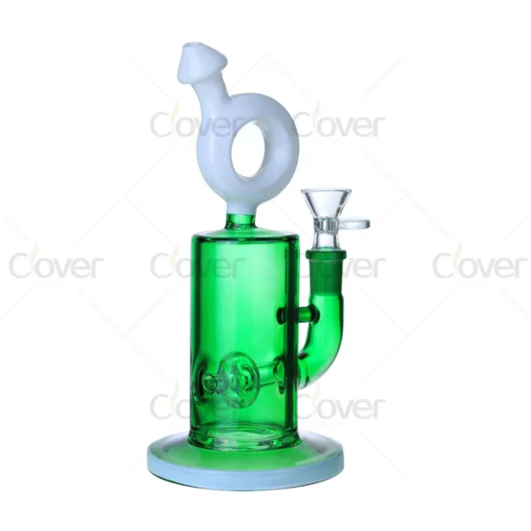 Vibrant green glass water pipe with white male symbol top and percolator.