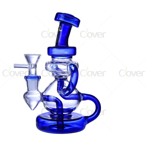 Vibrant blue and clear glass water pipe with intricate percolator design and handle.