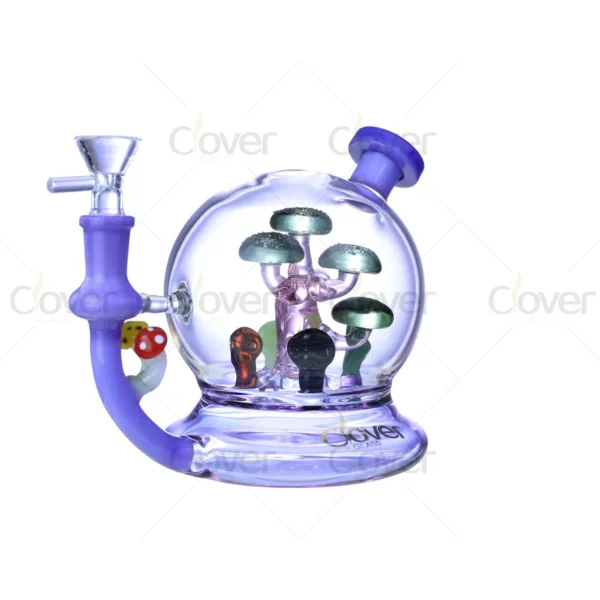 Purple glass mushroom percolator bong with clear bowl and decorative mushroom accents.