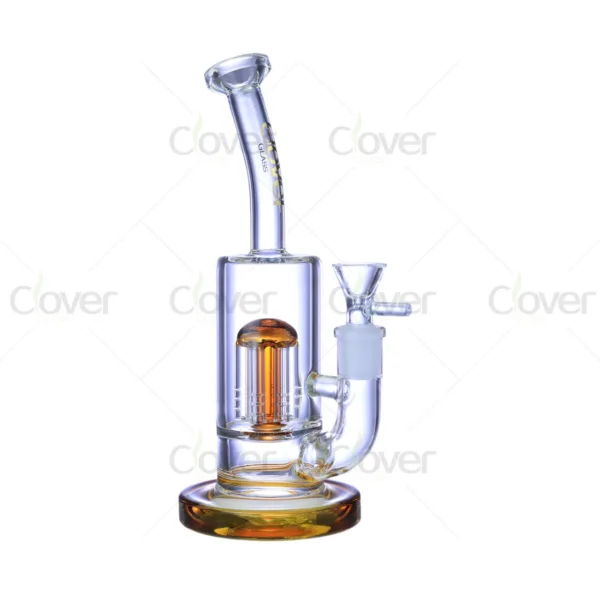 Clear glass water pipe with amber tree percolator, bent neck, and matching base.