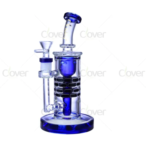 Blue glass water pipe with black grid percolator, clear bowl, and angled mouthpiece.