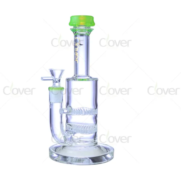 Jover clear glass bong with vibrant green mouthpiece and dual honeycomb percolators.