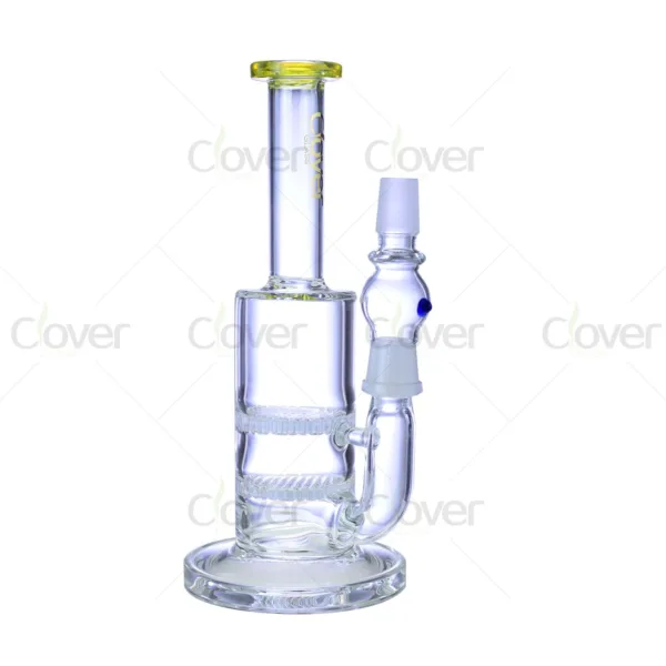 Clear glass water pipe with dual honeycomb percolators, yellow mouthpiece, and blue accent.