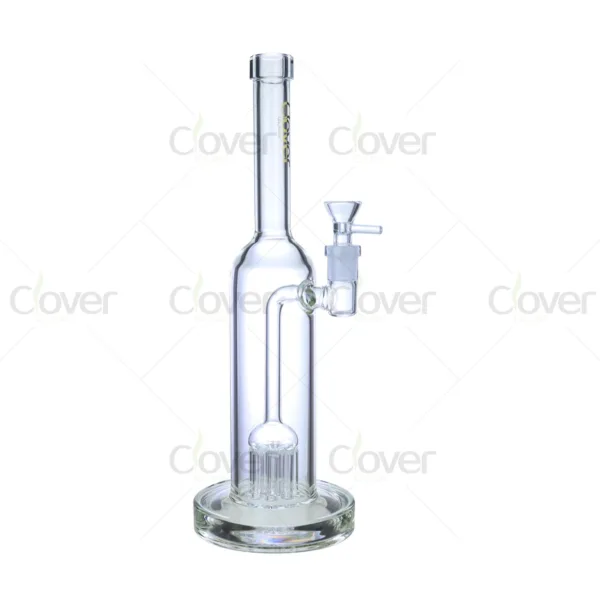 Clear scientific glass water pipe with tree percolator and removable bowl.