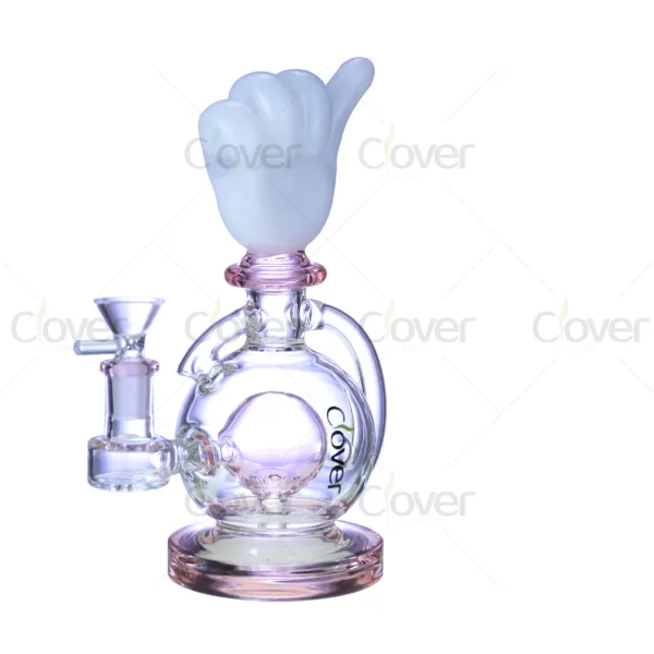 Unique glass water pipe with white shaka hand design and pink accents.