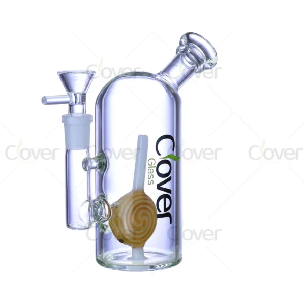 Clear glass water pipe with unique spiral percolator, external downstem, and bowl.
