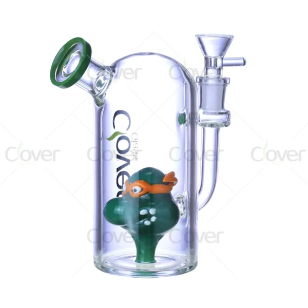 Clear glass water pipe featuring a green ninja turtle character with an orange mask.