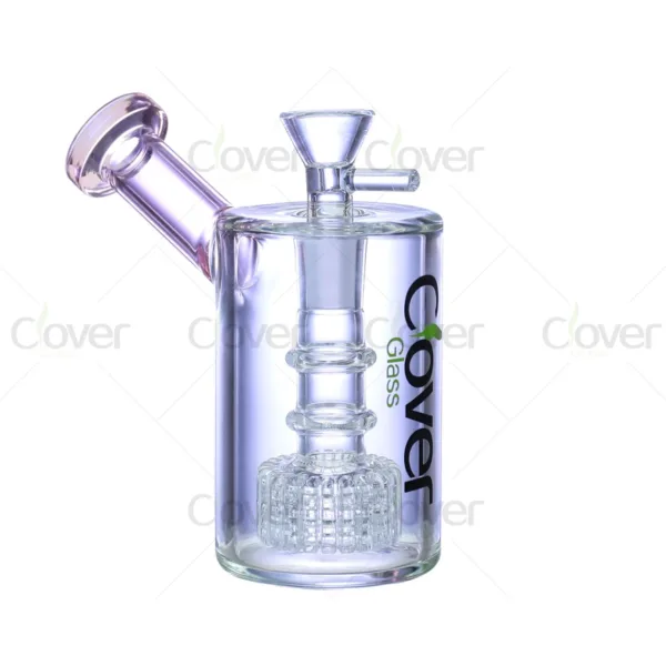 Clear glass water pipe with showerhead percolator, angled mouthpiece, and Clover Glass branding.