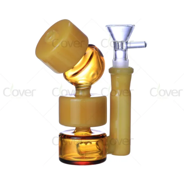 Artistic amber glass dab rig featuring a spherical chamber and clear bowl.