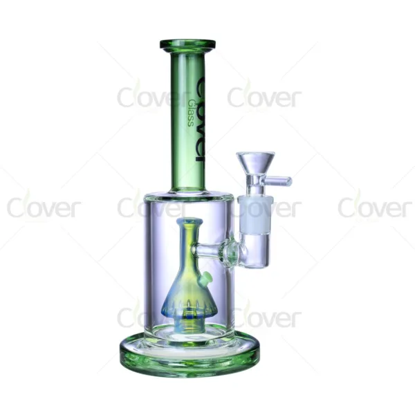 Green and clear glass water pipe with an internal percolator and removable bowl.