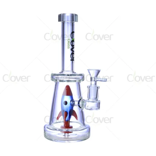 Clover Glass rocket ship percolator bong, clear glass water pipe with red and blue rocket design.