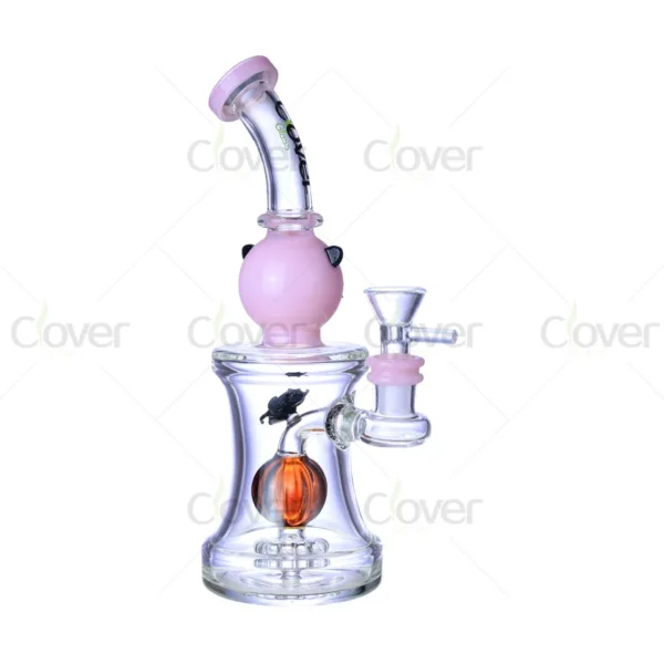 Pink glass water pipe with pumpkin percolator and cute frog design.