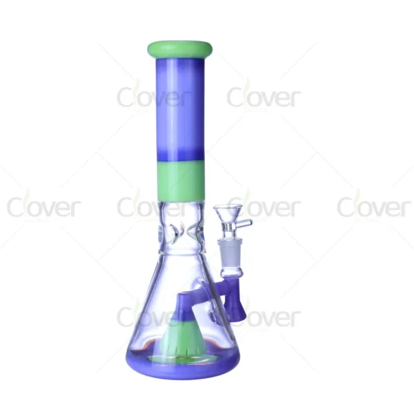 Purple and green beaker base glass bong with internal percolator and clear bowl.