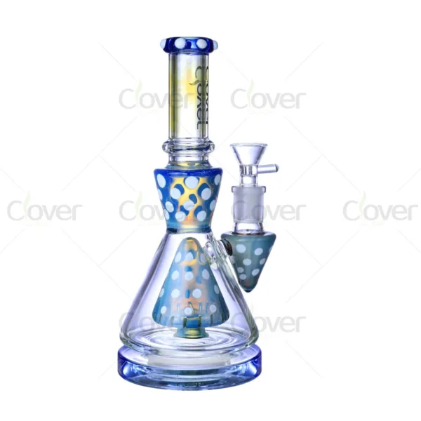 Blue glass bong with white polka dots, internal cone percolator, and clear bowl.