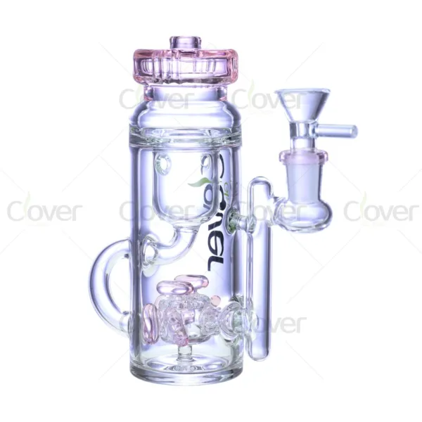 Clear glass water pipe with pink accents, showerhead percolator, and matching bowl.
