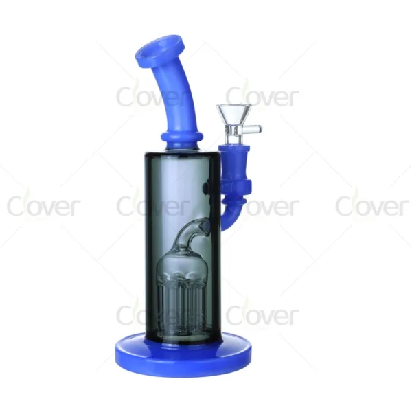 Blue and grey glass bong with tree percolator, clear bowl, and blue accents.