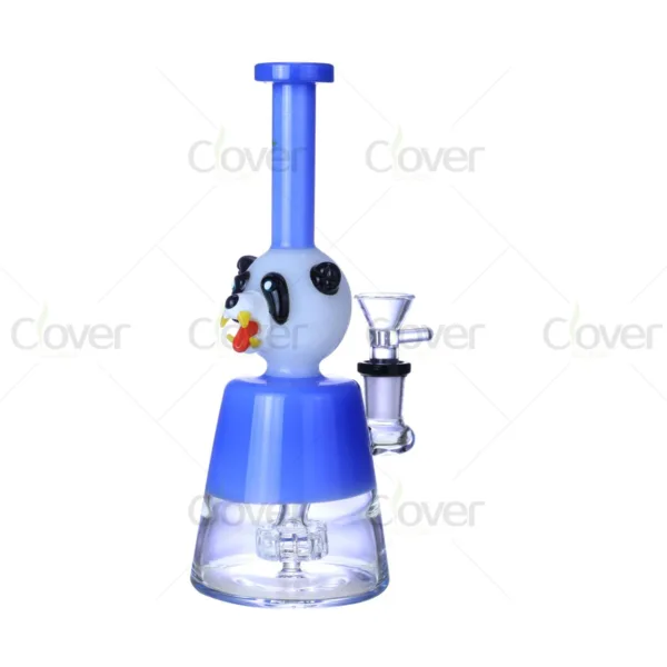 Blue and white panda-themed glass bong with a clear base and percolator.