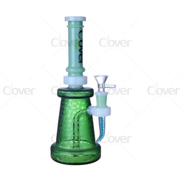 Clover brand green glass water pipe with unique patterned conical base and clear bowl.