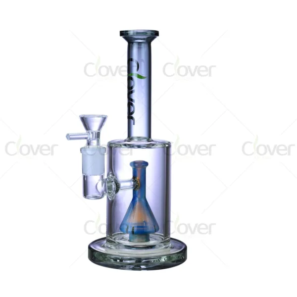 SOVO clear glass water pipe with blue cone percolator and removable bowl.