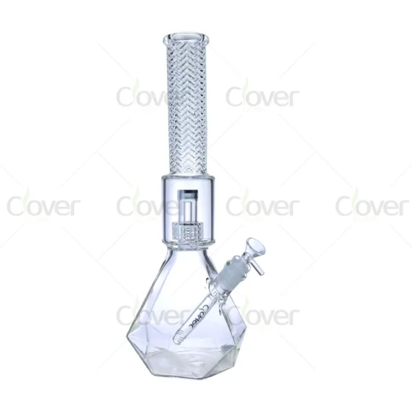 Clear glass bong, faceted diamond base, chevron neck, showerhead percolator.