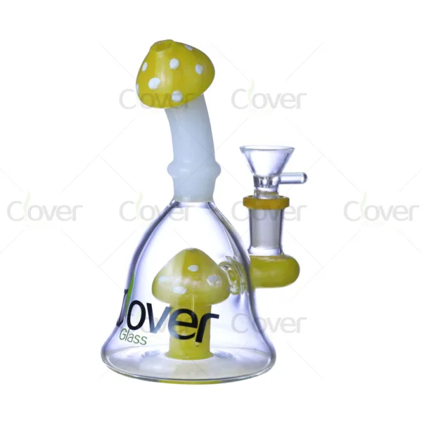 Whimsical yellow mushroom glass bong with bell base and clear bowl.