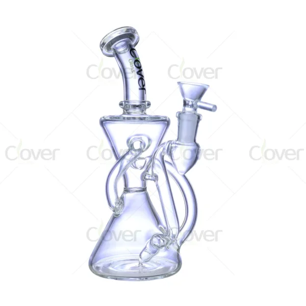 Clear glass water pipe with triangular chamber, bent neck, and intricate percolators.