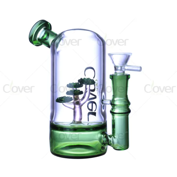 Green glass bong with intricate tree percolator and clear glass bowl.