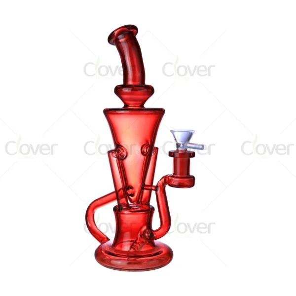 Red glass water pipe with intricate percolator design and clear glass bowl.