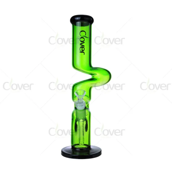 Vibrant green Z-shaped glass water pipe with black mouthpiece and base by Clover Glass.