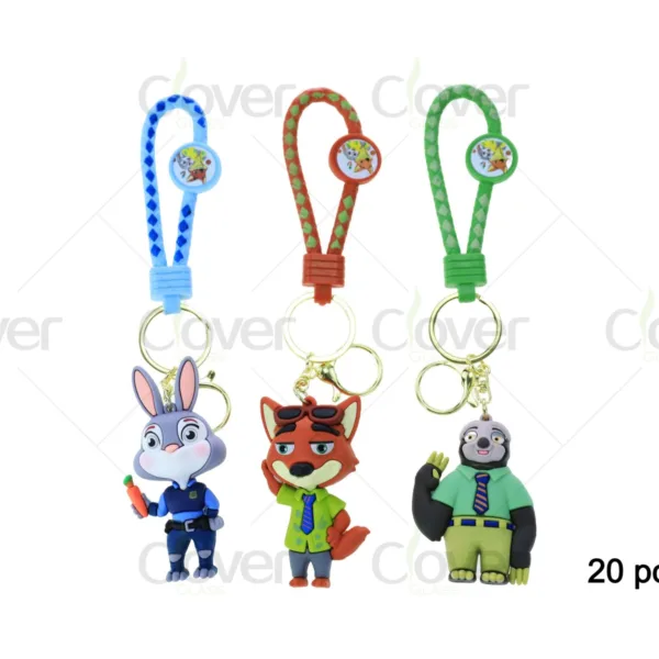 Three Zootopia keychains: Judy Hopps, Nick Wilde, and Flash, with braided straps.