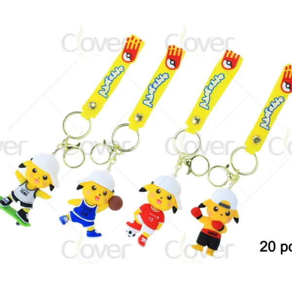 Four Pikachu-style keychains: skateboarder, basketball, soccer, and boxer with yellow straps.