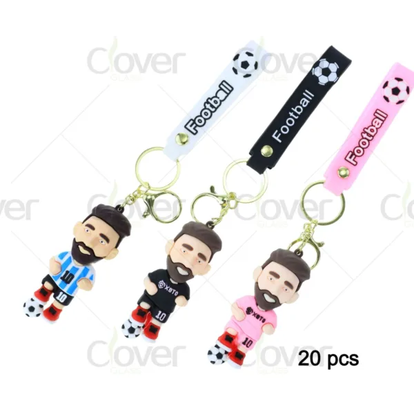 Three Messi-style football player keychains with colorful straps and soccer balls.