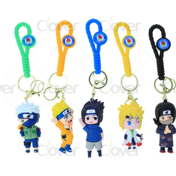 Five colorful Naruto anime character keychains with silicone straps and metal rings.