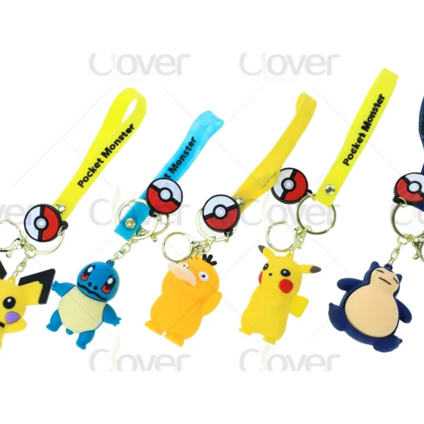 Five vibrant Pokémon keychains featuring Pikachu, Squirtle, Psyduck, Snorlax, and Poké Ball straps.