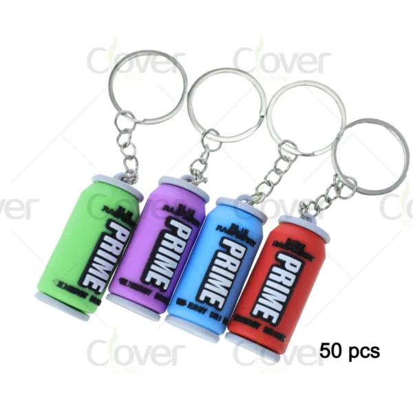 Four colorful Prime energy drink can keychains in green, purple, blue, red.