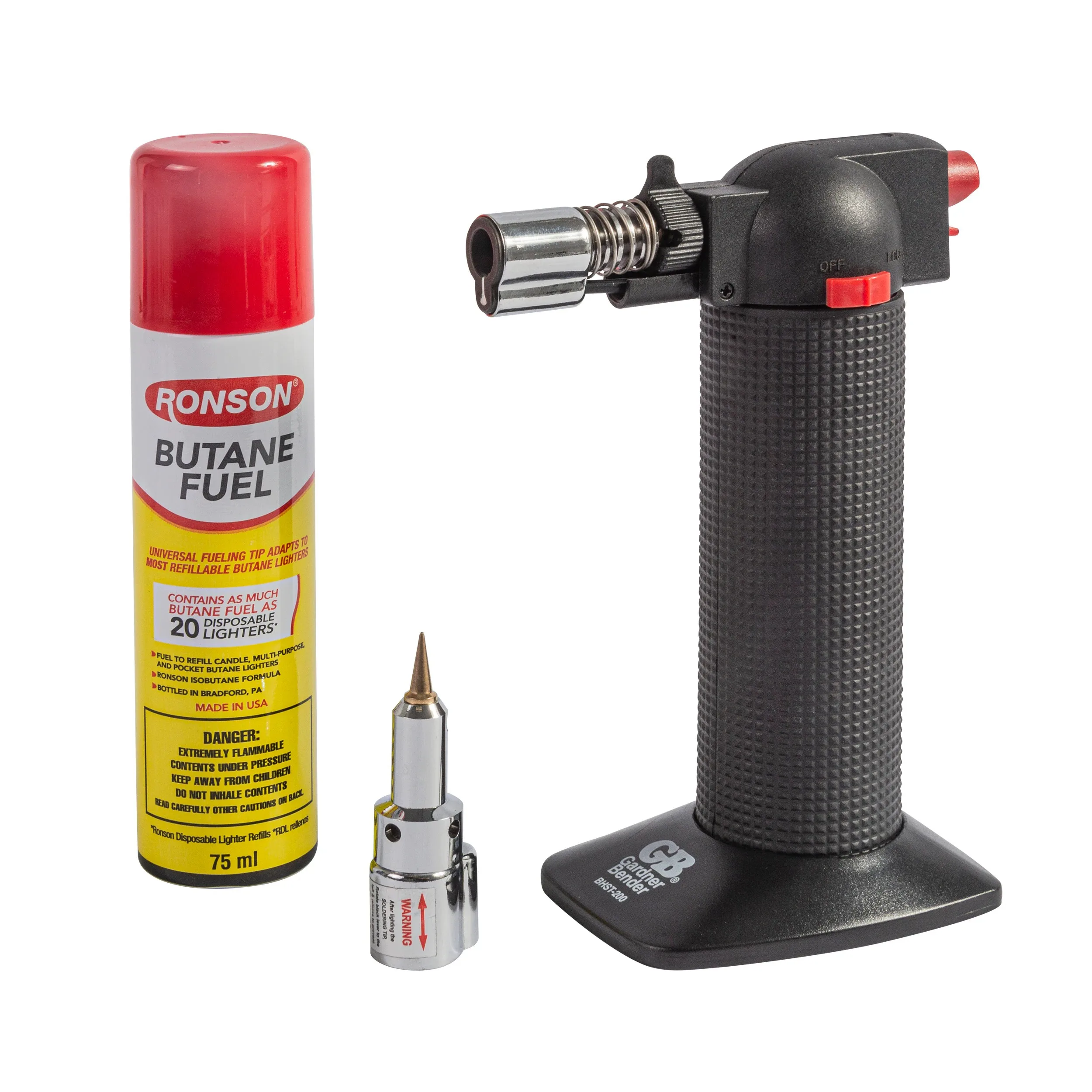 Gardner Bender butane torch kit with a soldering tip and Ronson butane fuel can.