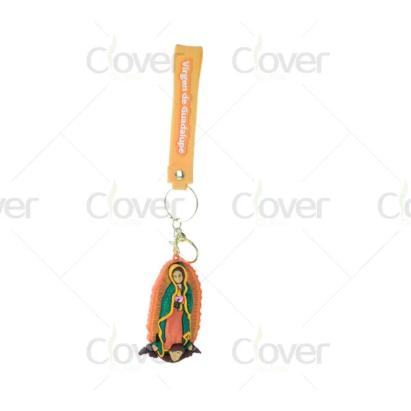 Vibrant Virgen de Guadalupe keychain with orange strap and detailed religious charm.