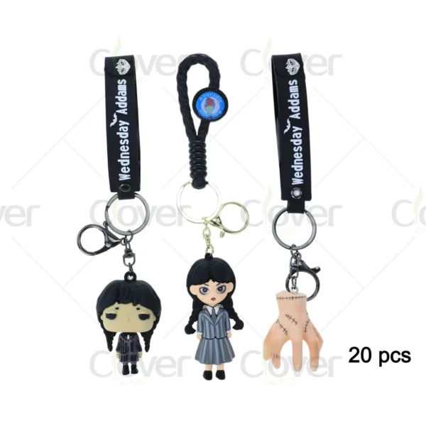 Wednesday Addams keychains featuring Thing hand, chibi, and detailed character figures.