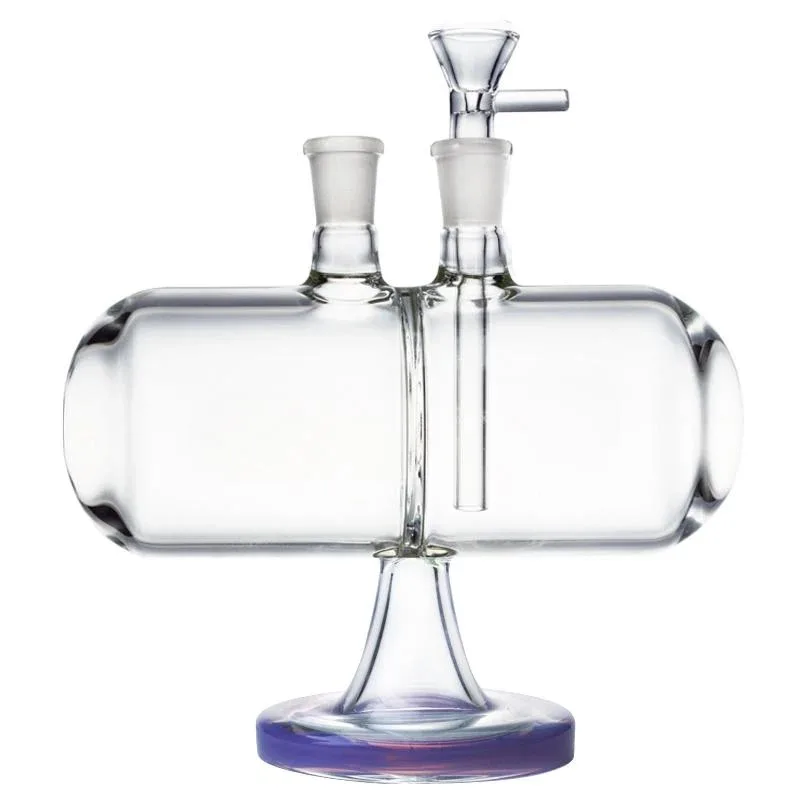 Clear glass dual-chamber water pipe attachment with purple base and funnel bowl.