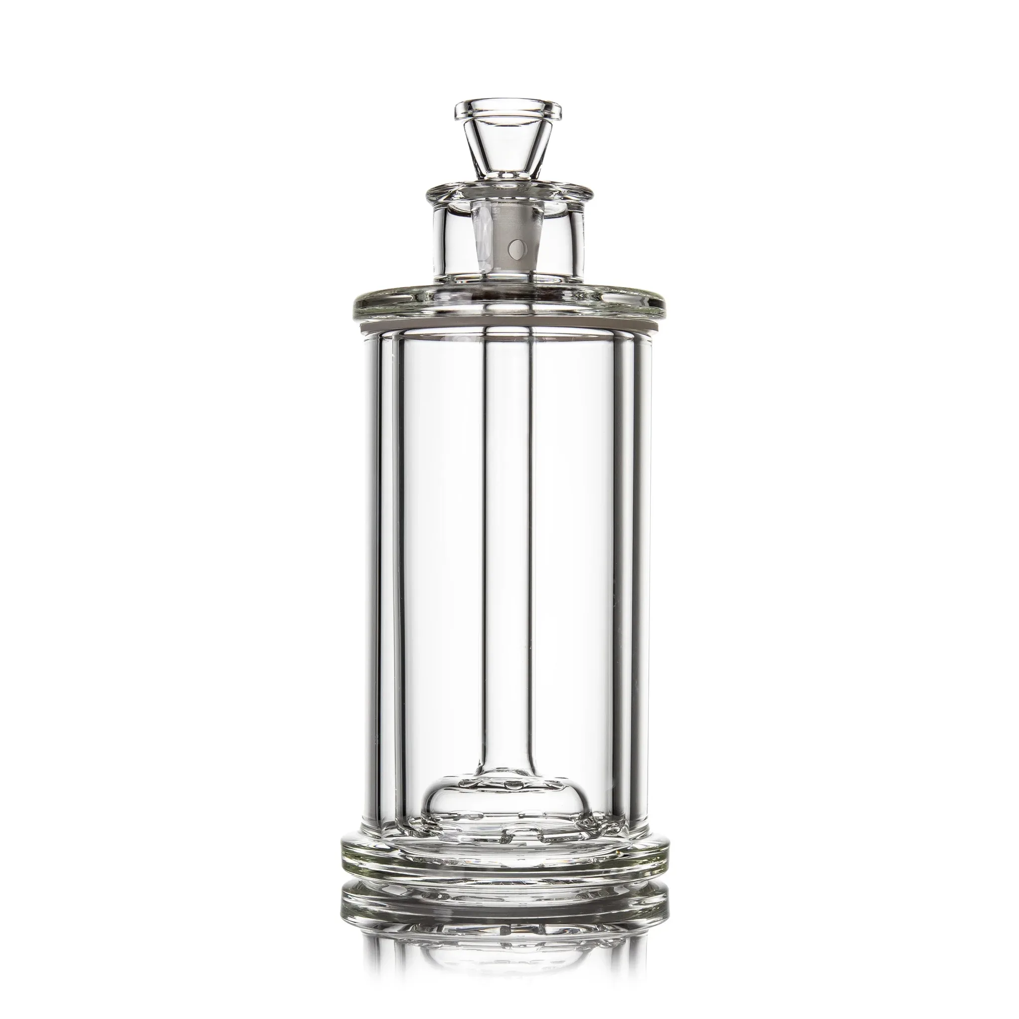Elegant clear glass decanter with stopper and internal infuser tube on white background.