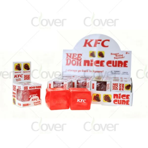 Red KFC NeeDoh Nice Cube squishy stress balls, packaged and in display.