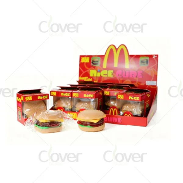 McDonald's-style squishy hamburger toys in red display box and individual packaging.