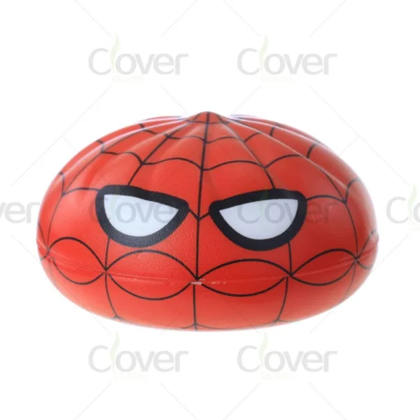 Red Spider-Man themed squishy stress ball with web pattern and eyes.