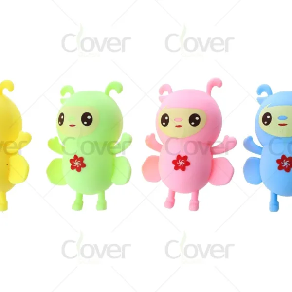 Four vibrant cartoon insect-like figures: yellow, green, pink, and blue, with flowers.