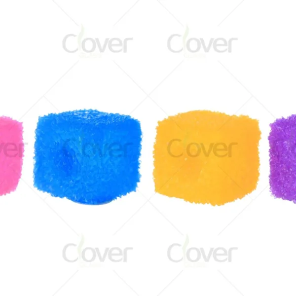 Four vibrant pink, blue, yellow, purple textured cubes on a white background.
