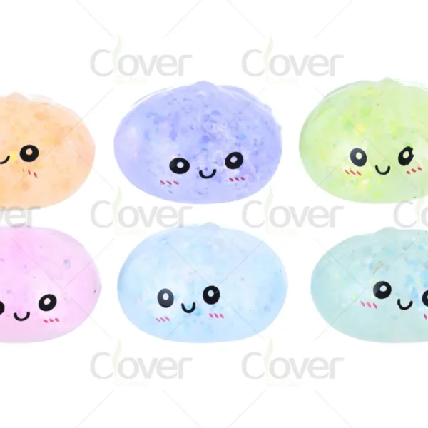 Six colorful pastel mochi squishy toys with cute kawaii faces and glitter inside.