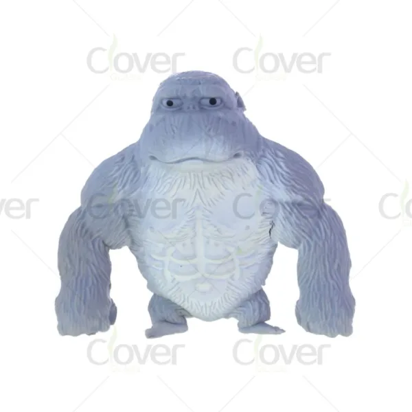 Grey muscular gorilla toy figurine with defined abs, standing on white background.