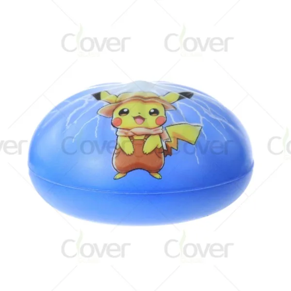 Blue oval stress ball featuring Pikachu in hat and scarf with lightning design.