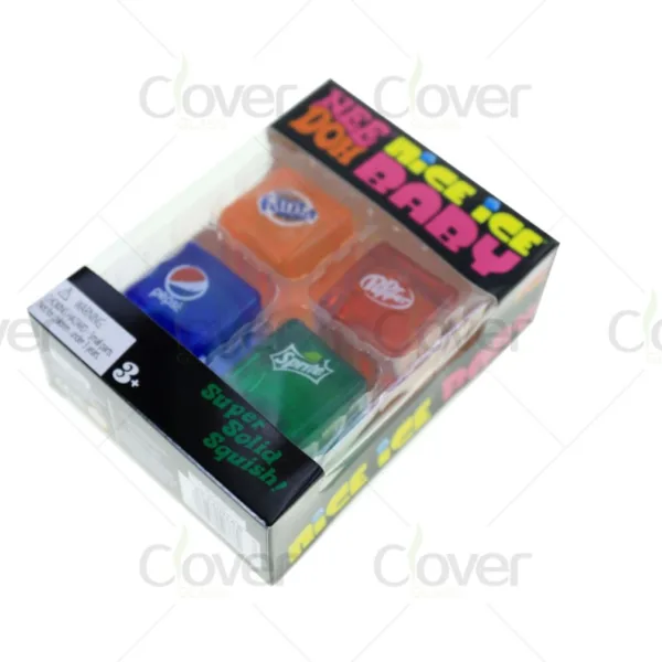 Boxed set of four soda brand squishy toys: Pepsi, Fanta, Dr. Pepper, Sprite.